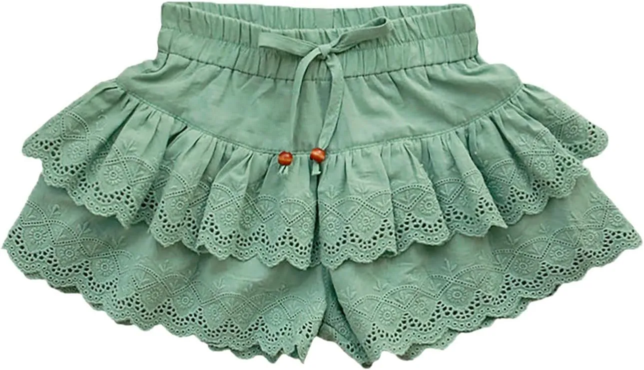 Girl's Wide Leg Floral Pattern Shorts Summer Cute Layered Lace Ruffle Outdoor Skirt Kids High Waisted Girl Pants
