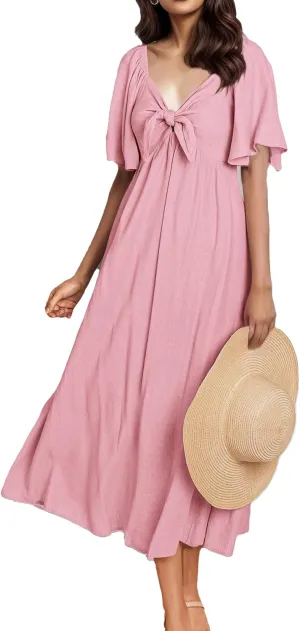 GOLDSTITCH Summer Dress for Women 2025 Casual Short Sleeve Bow Tie V Neck Smocked High Waist A-Line Flowy Midi Dress