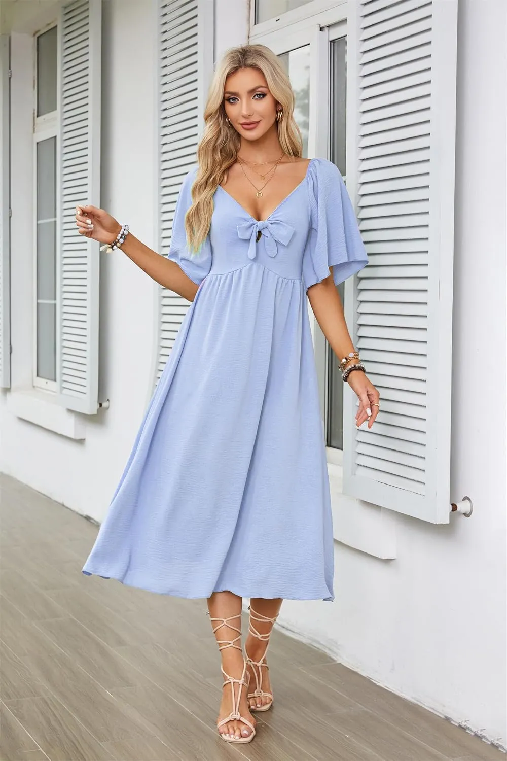 GOLDSTITCH Summer Dress for Women 2025 Casual Short Sleeve Bow Tie V Neck Smocked High Waist A-Line Flowy Midi Dress