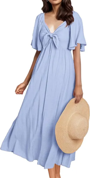 GOLDSTITCH Summer Dress for Women 2025 Casual Short Sleeve Bow Tie V Neck Smocked High Waist A-Line Flowy Midi Dress