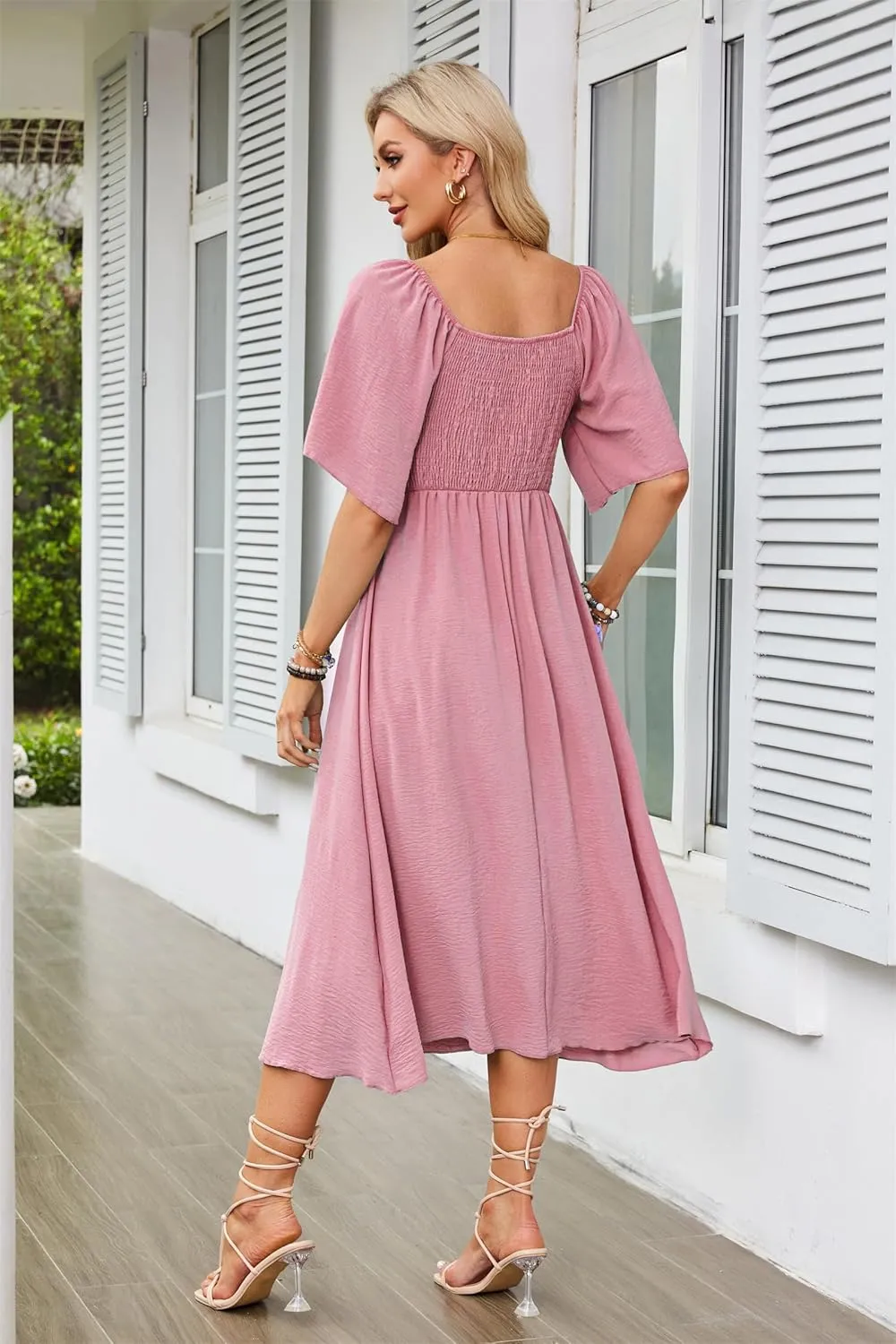 GOLDSTITCH Summer Dress for Women 2025 Casual Short Sleeve Bow Tie V Neck Smocked High Waist A-Line Flowy Midi Dress