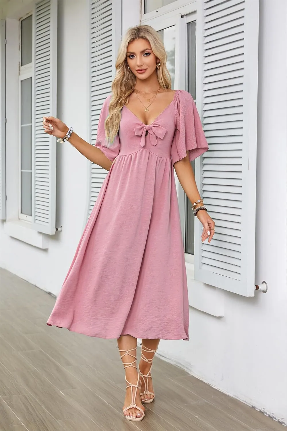 GOLDSTITCH Summer Dress for Women 2025 Casual Short Sleeve Bow Tie V Neck Smocked High Waist A-Line Flowy Midi Dress