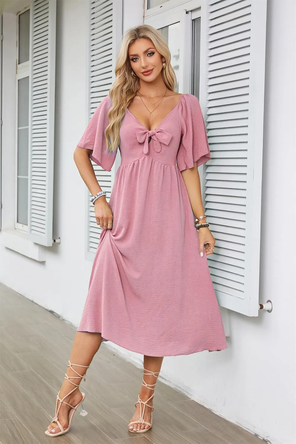 GOLDSTITCH Summer Dress for Women 2025 Casual Short Sleeve Bow Tie V Neck Smocked High Waist A-Line Flowy Midi Dress