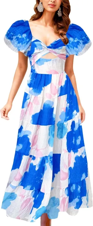 GOLDSTITCH Women's 2025 Boho Floral Maxi Dress Puffy Short Sleeve Cutout V Neck Casual Long Beach Dress