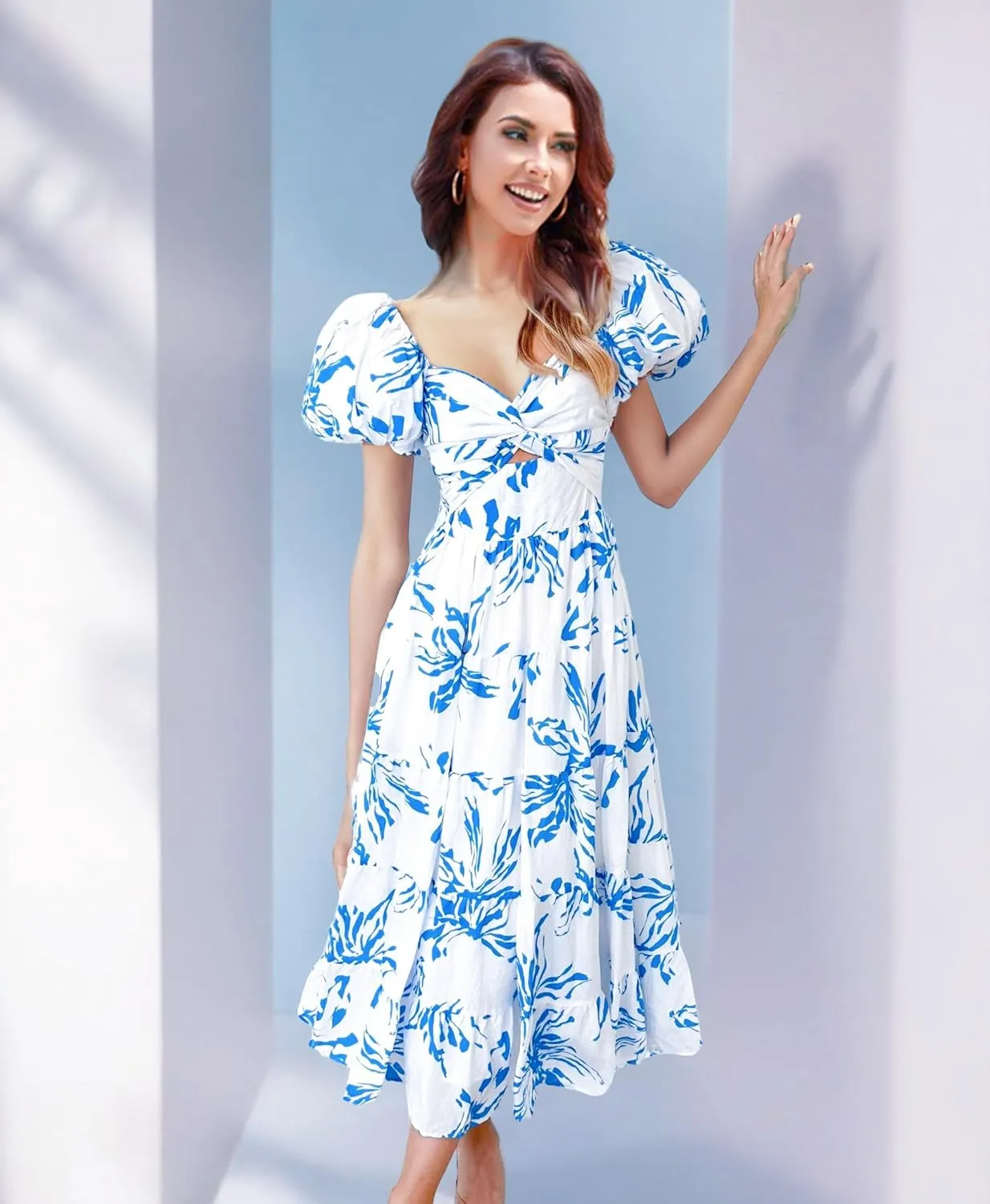 GOLDSTITCH Women's 2025 Boho Floral Maxi Dress Puffy Short Sleeve Cutout V Neck Casual Long Beach Dress