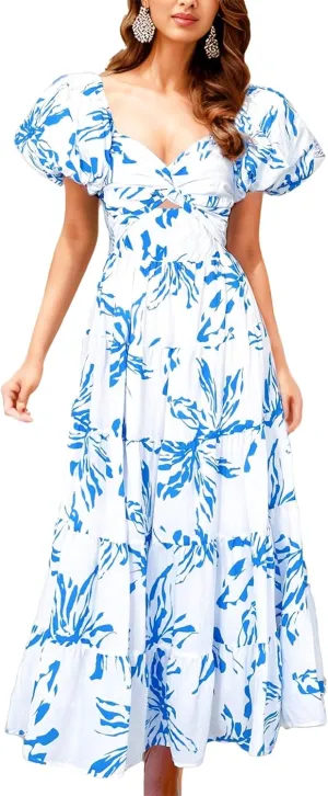 GOLDSTITCH Women's 2025 Boho Floral Maxi Dress Puffy Short Sleeve Cutout V Neck Casual Long Beach Dress