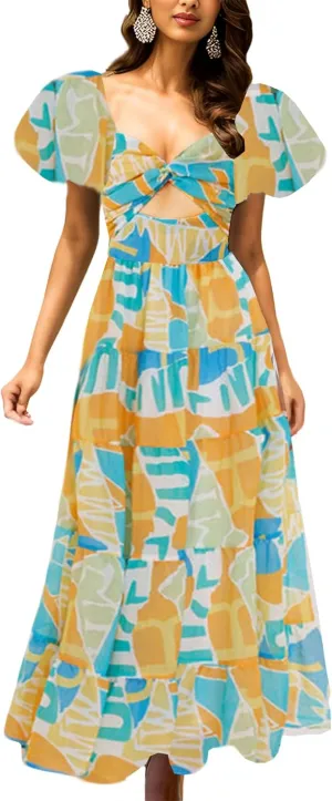 GOLDSTITCH Women's 2025 Boho Floral Maxi Dress Puffy Short Sleeve Cutout V Neck Casual Long Beach Dress