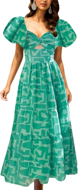 GOLDSTITCH Women's 2025 Boho Floral Maxi Dress Puffy Short Sleeve Cutout V Neck Casual Long Beach Dress
