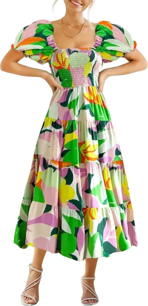 GOLDSTITCH Women's Smocked Maxi Dress Square Neck Ruffle Hem Puffy Short Sleeve Flowy Midi Dress