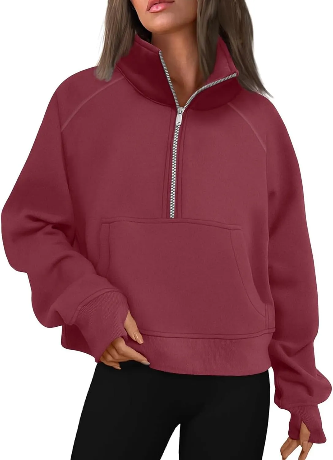 Half Zip Pullover Women Fall Fleece Oversized Sweatshirt Trendy 1/4 Zip Hoodie Y2k Cropped Sweater with Thumb Hole