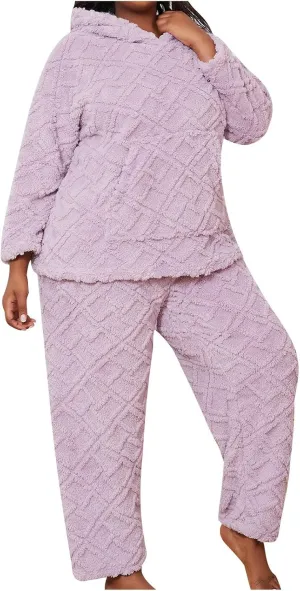 HGps8w Women's Plus Size Fuzzy Fleece Pajama Sets - Warm Winter Pullover Hoodies with Plush Pants Pjs Lounge Sleepwear