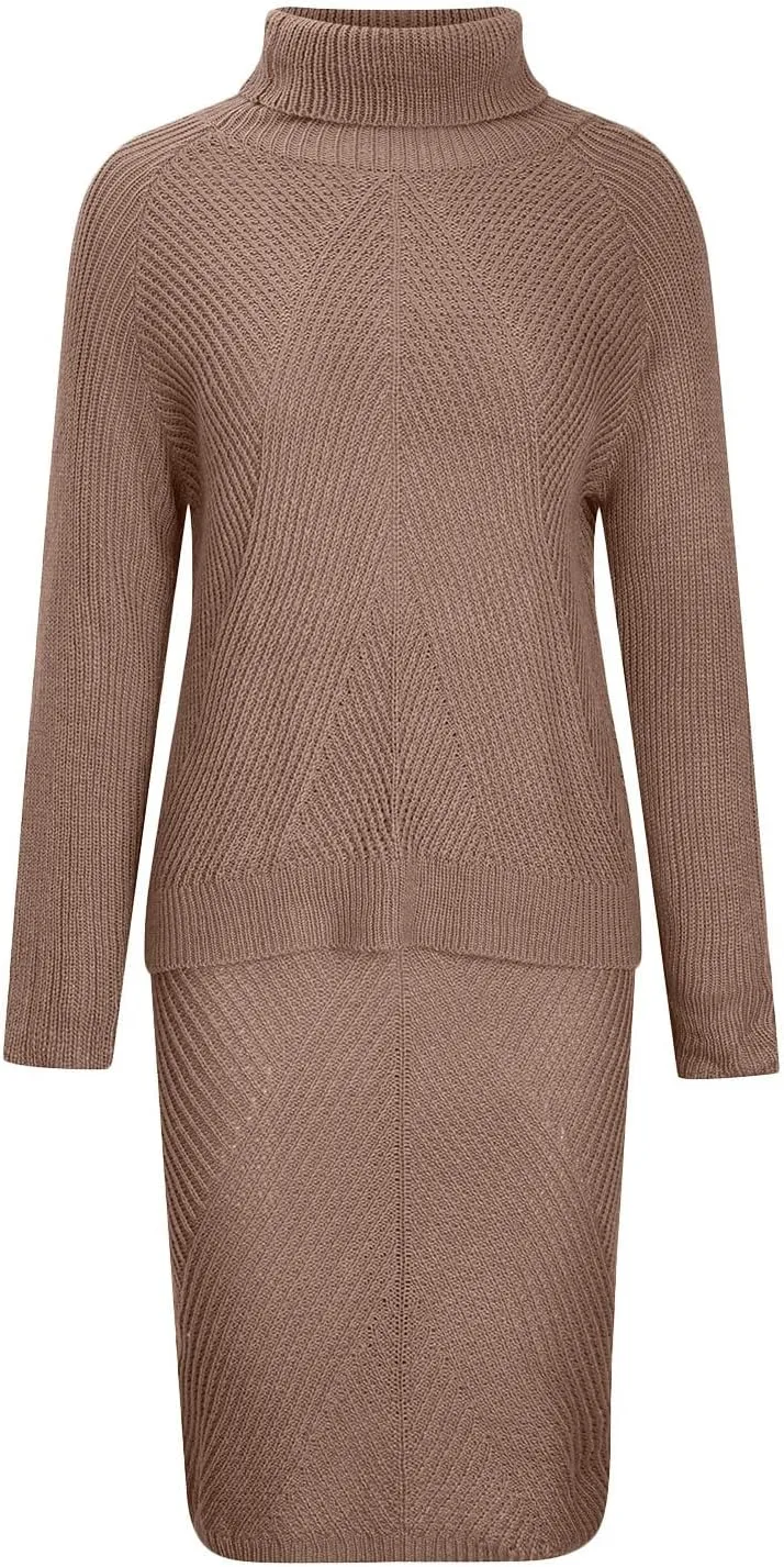 hlysgo Women's 2 Piece Sweater Set Casual Rib Knit Long Sleeve Turtleneck Sweater Tops and Midi Bodycon Skirts Lounge Set