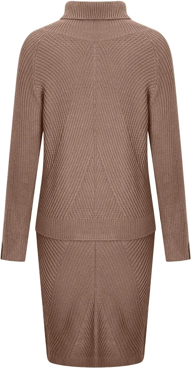 hlysgo Women's 2 Piece Sweater Set Casual Rib Knit Long Sleeve Turtleneck Sweater Tops and Midi Bodycon Skirts Lounge Set