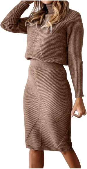 hlysgo Women's 2 Piece Sweater Set Casual Rib Knit Long Sleeve Turtleneck Sweater Tops and Midi Bodycon Skirts Lounge Set