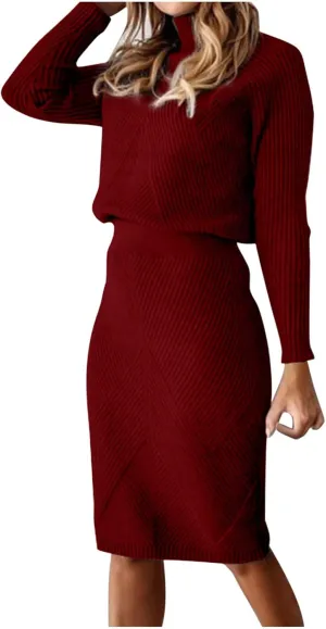 hlysgo Women's 2 Piece Sweater Set Casual Rib Knit Long Sleeve Turtleneck Sweater Tops and Midi Bodycon Skirts Lounge Set