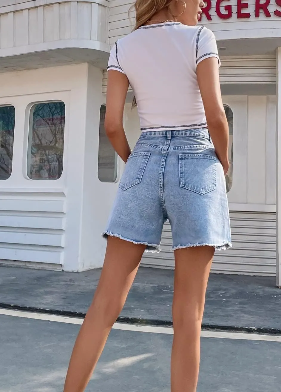 Hotmiss Women's High Waist Denim Shorts Straight Leg Raw Hem Jean Shorts Summer Hot Pants with Pockets