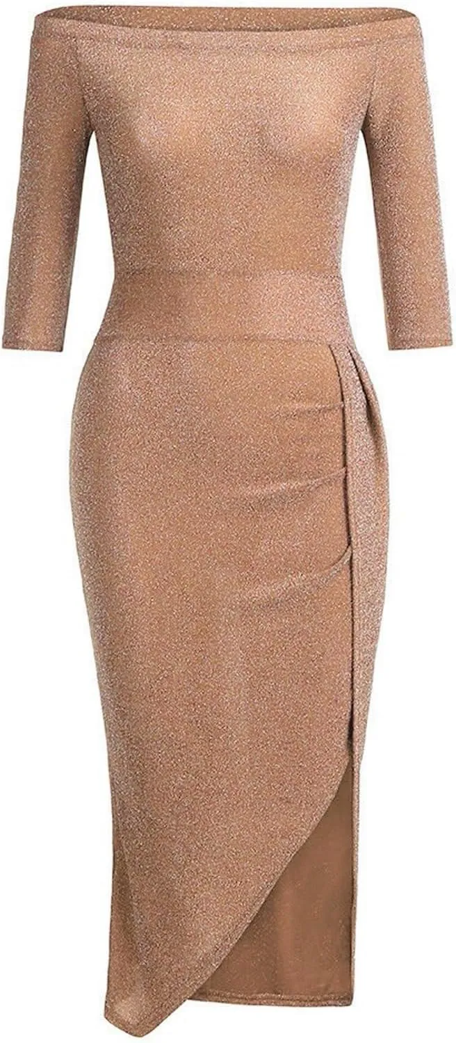 HXHYQKP Evening Gowns for Women Formal Elegant Off Shoulder Cocktail Dress Bodycon Wrap Dress Brilliant Party Dress