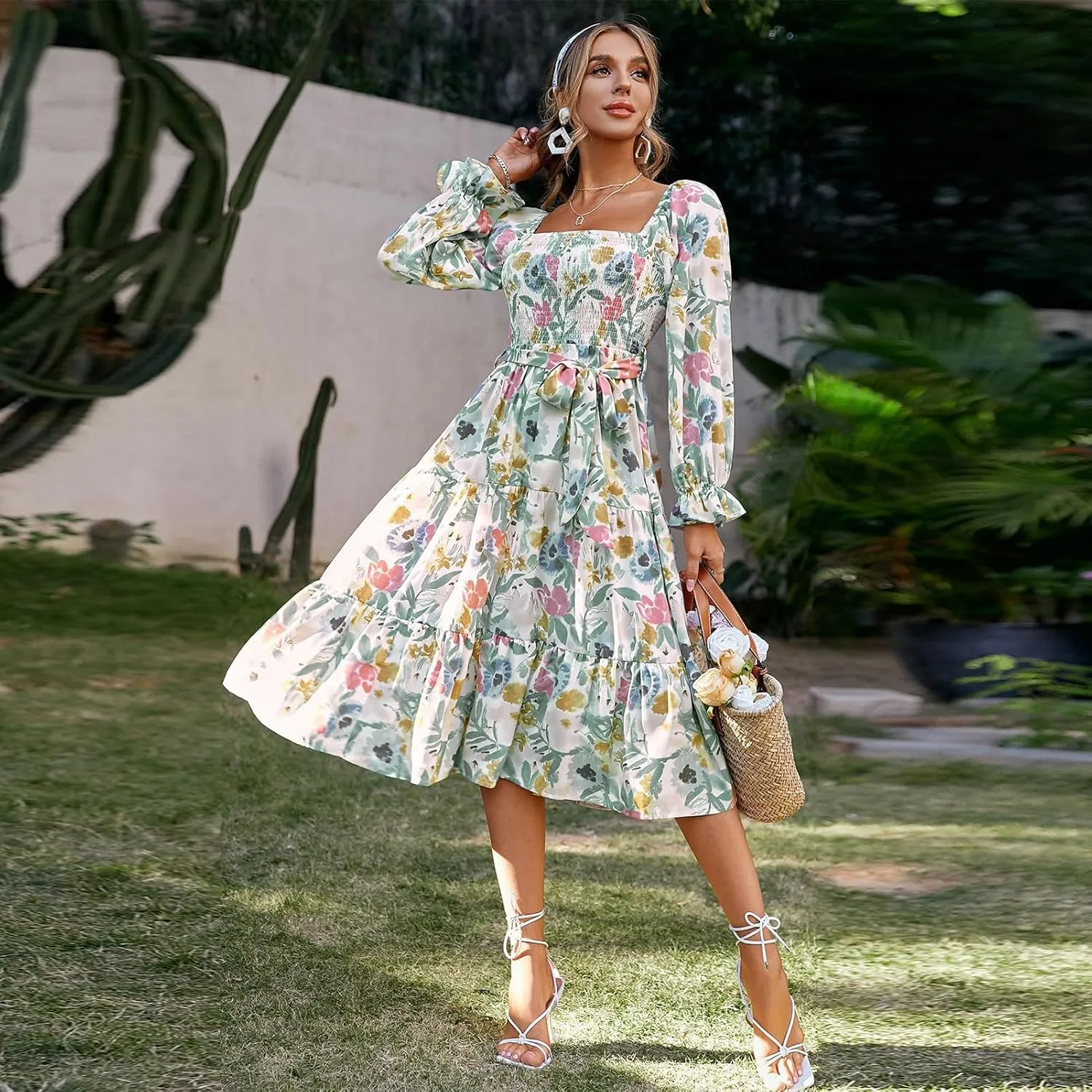 IDOPIP Women Boho Floral Smocked Ruffle Dress Square Neck Midi Dress Elegant Off Shoulder Sundress Flowy Wedding Guest Dress