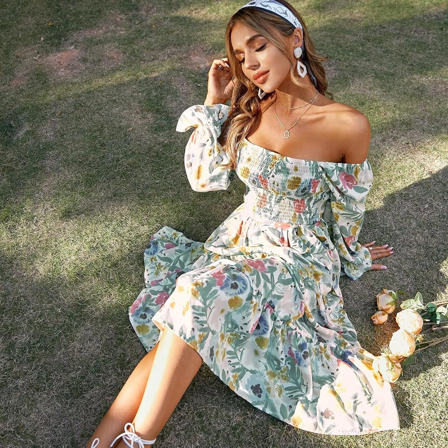 IDOPIP Women Boho Floral Smocked Ruffle Dress Square Neck Midi Dress Elegant Off Shoulder Sundress Flowy Wedding Guest Dress