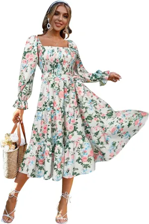 IDOPIP Women Boho Floral Smocked Ruffle Dress Square Neck Midi Dress Elegant Off Shoulder Sundress Flowy Wedding Guest Dress