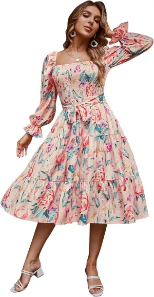 IDOPIP Women Boho Floral Smocked Ruffle Dress Square Neck Midi Dress Elegant Off Shoulder Sundress Flowy Wedding Guest Dress