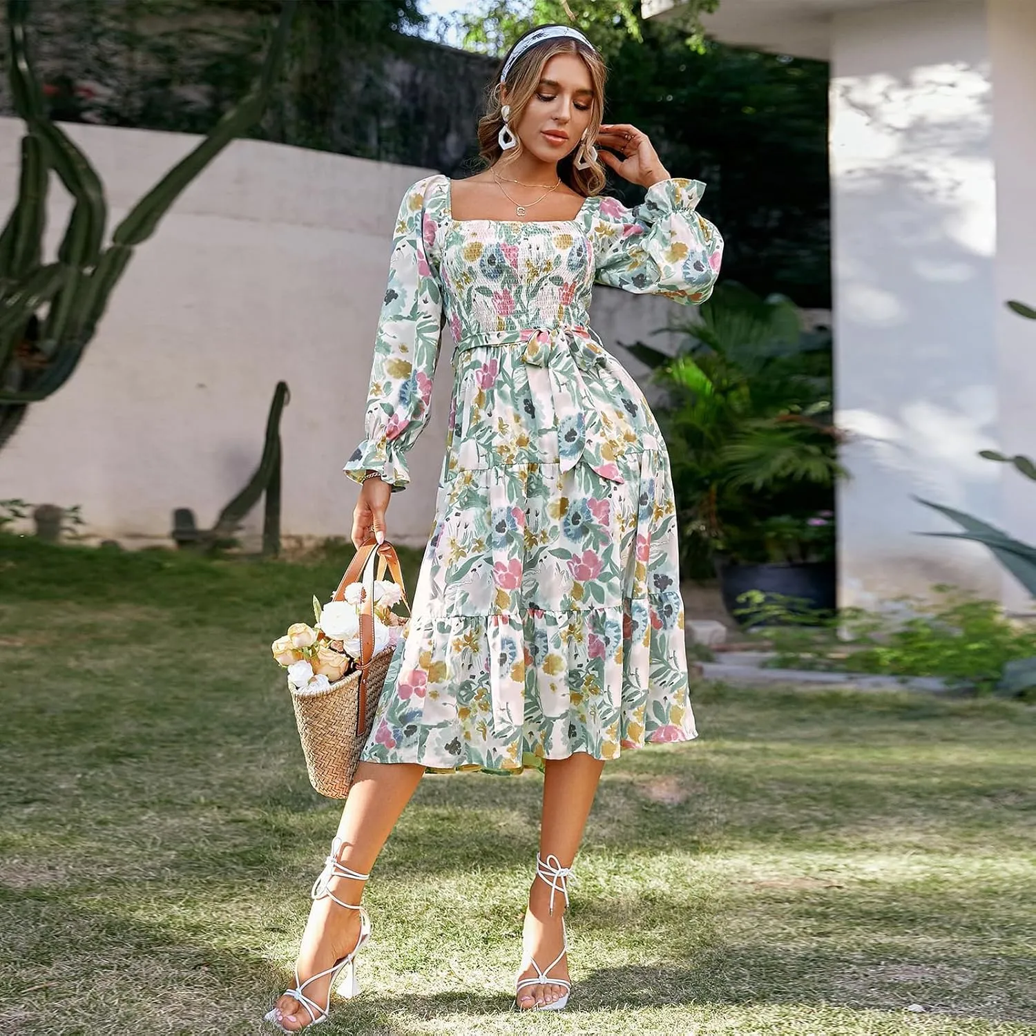 IDOPIP Women Boho Floral Smocked Ruffle Dress Square Neck Midi Dress Elegant Off Shoulder Sundress Flowy Wedding Guest Dress