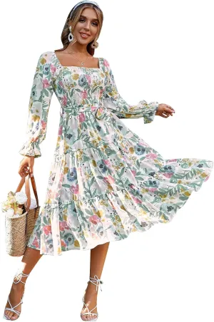 IDOPIP Women Boho Floral Smocked Ruffle Dress Square Neck Midi Dress Elegant Off Shoulder Sundress Flowy Wedding Guest Dress