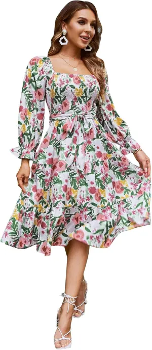 IDOPIP Women Boho Floral Smocked Ruffle Dress Square Neck Midi Dress Elegant Off Shoulder Sundress Flowy Wedding Guest Dress