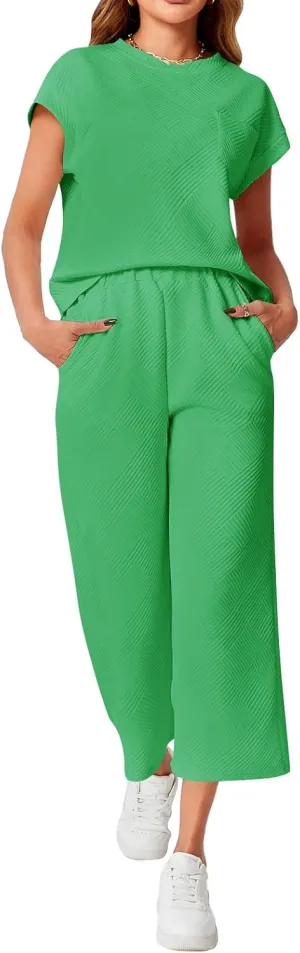 Imily Bela Womens 2 Piece Lounge Set Outfits Summer Short Cap Sleeve Tops and Wide Leg Pants Casual Matching Sets