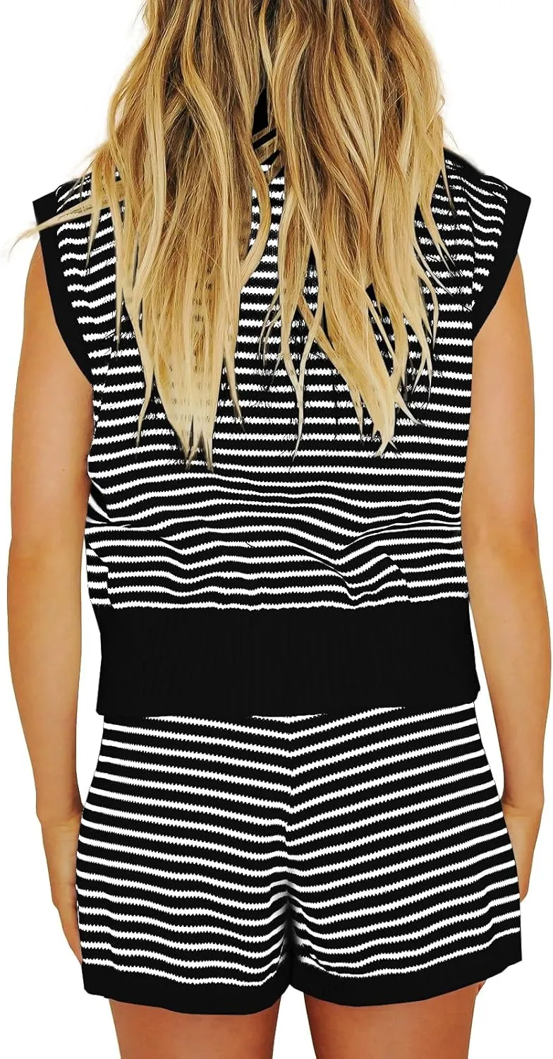 Imily Bela Womens 2 Piece Outfits Sweater Sets Striped Knit Sleeveless Pullover Top Shorts Lounge Set