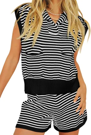 Imily Bela Womens 2 Piece Outfits Sweater Sets Striped Knit Sleeveless Pullover Top Shorts Lounge Set