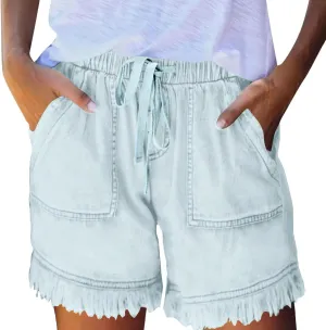 Jean Shorts for Women High Waisted Drawstring Stretch Denim Shorts Lightweight Raw Hem Jeans Hot Short with Pockets