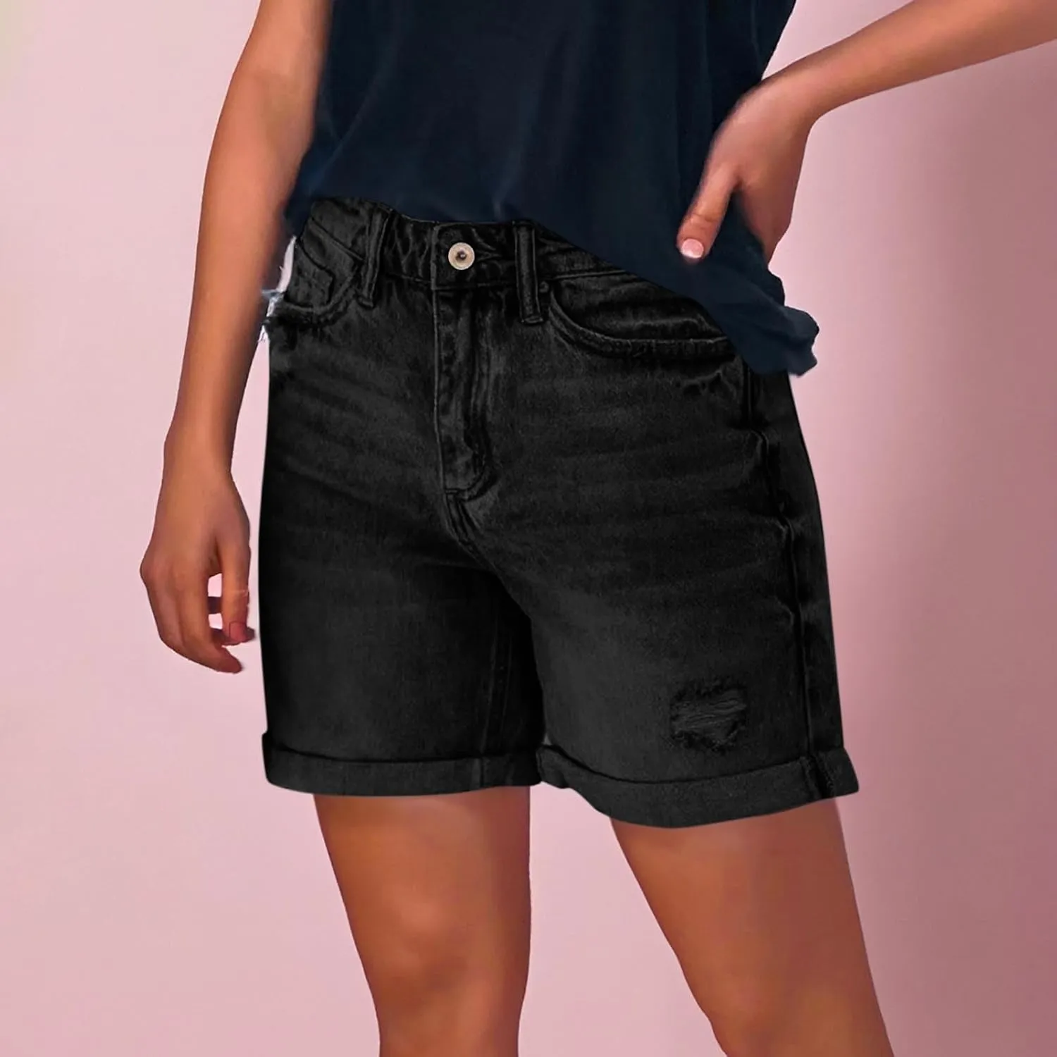 Jean Shorts Womens 2025 Trendy Solid Color Elastic Waist Denim Short Ripped Distressed Folded Hem Jorts with Pockets