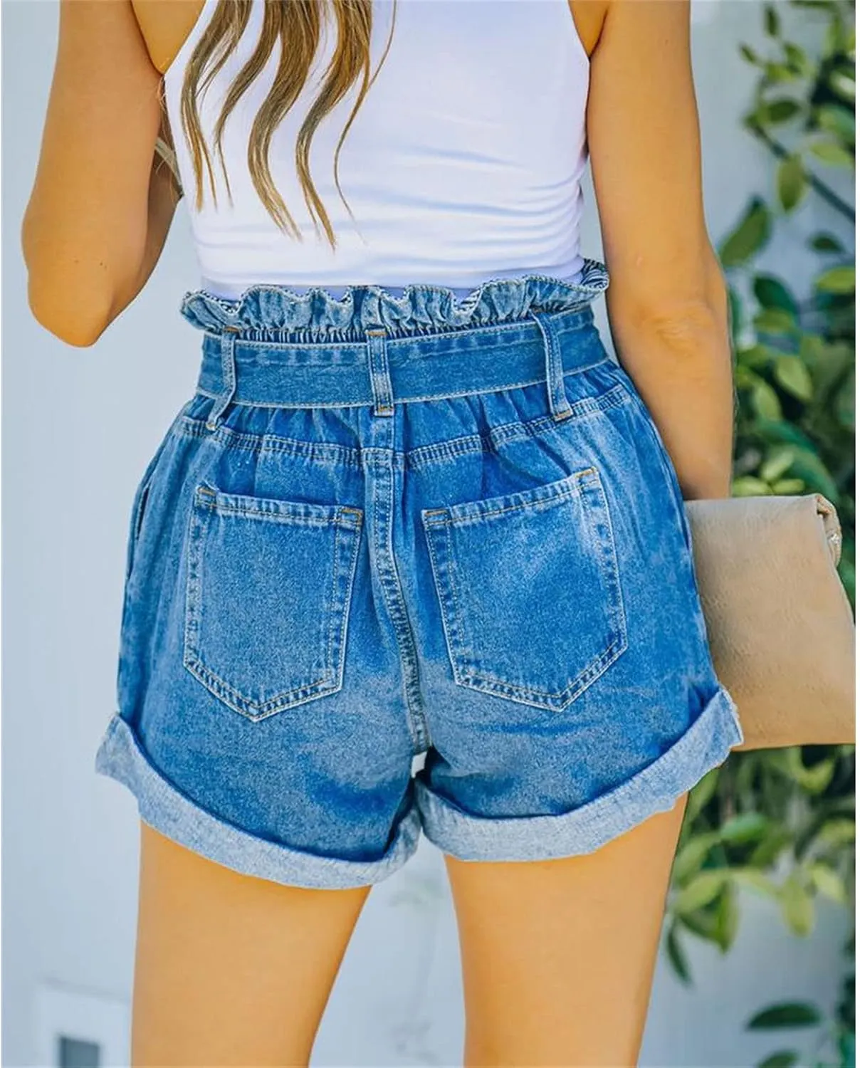 JEKE-DG Jean Shorts Womens Casual High Waisted Belted Elastic Waist Jean Shorts High Waisted Roll Hem Denim Shorts