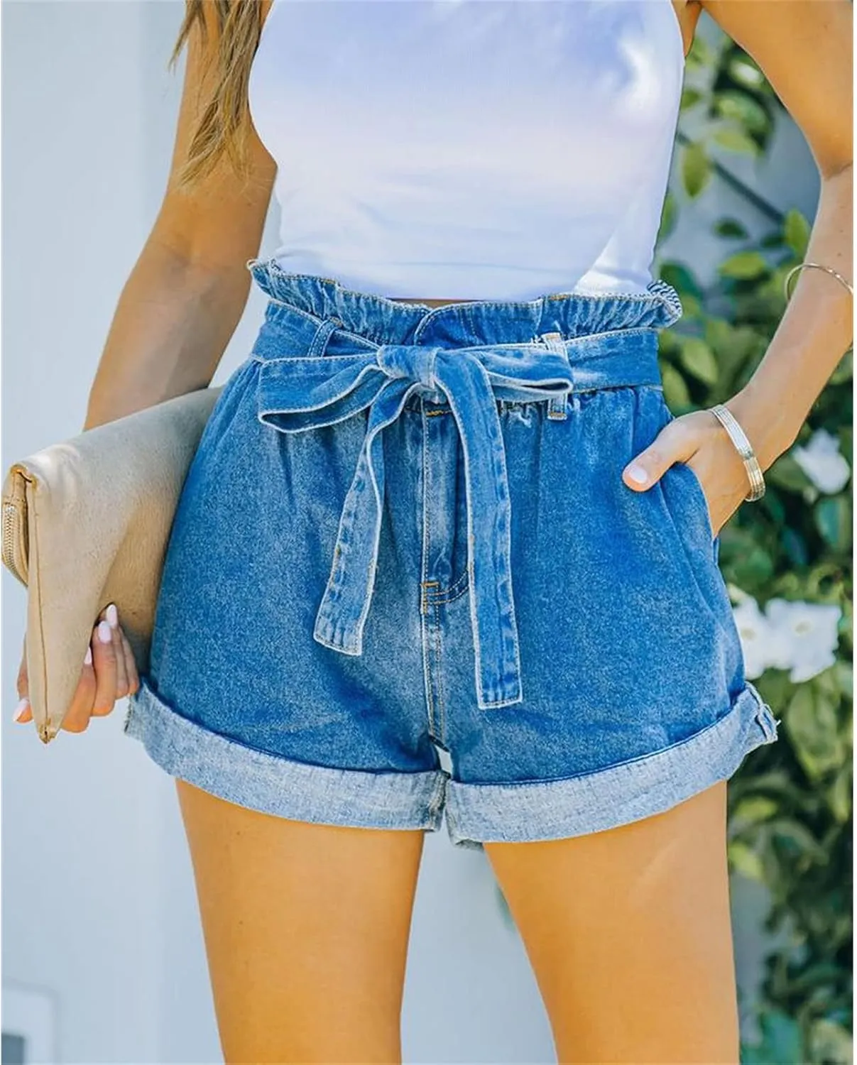 JEKE-DG Jean Shorts Womens Casual High Waisted Belted Elastic Waist Jean Shorts High Waisted Roll Hem Denim Shorts