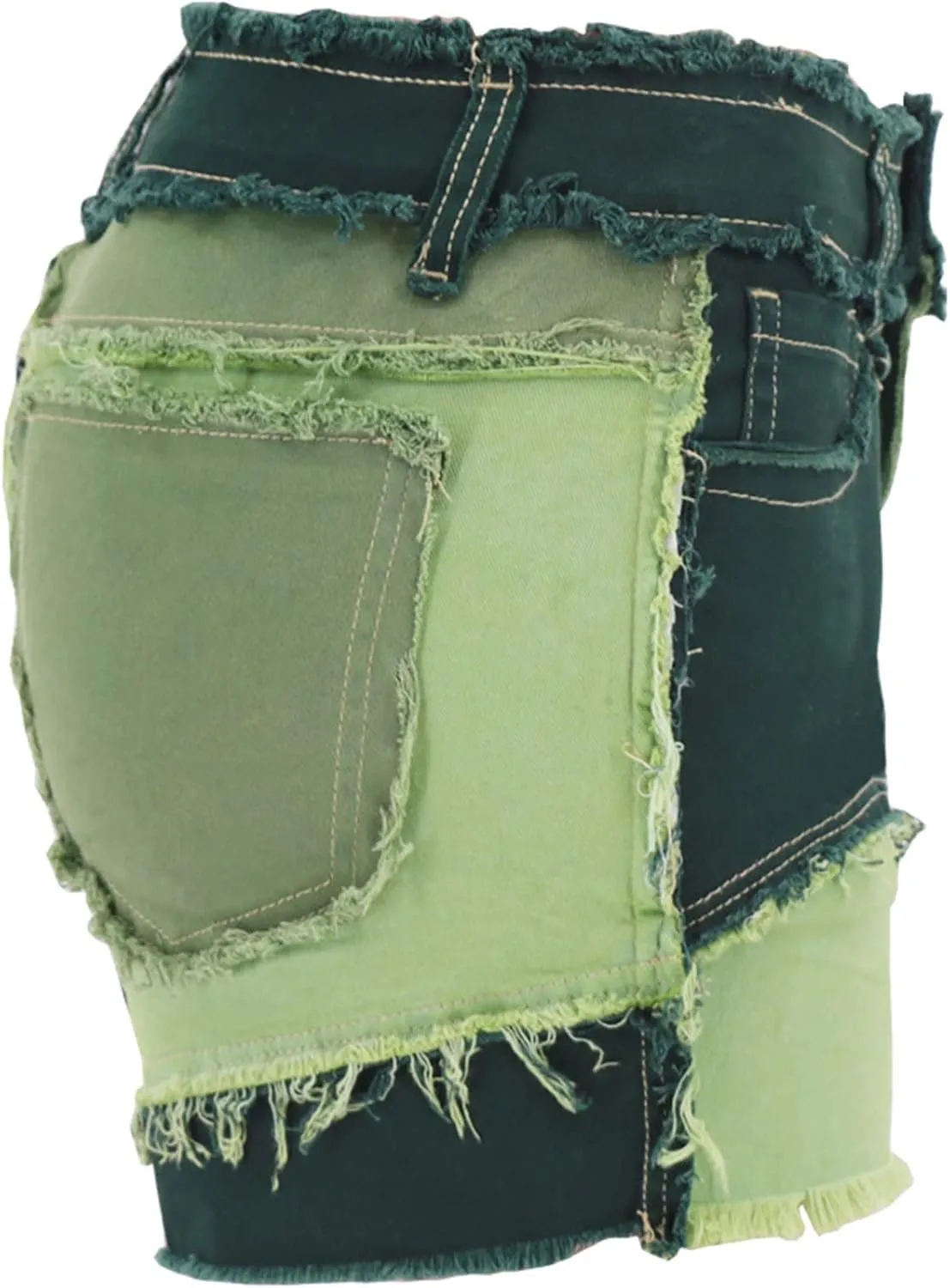 JEKE-DG Womens Mid Rise Stretchy Patchwork Jeans Color Block Leg Raw Hem Denim Shorts Raw Frayed Casual Denim Shorts