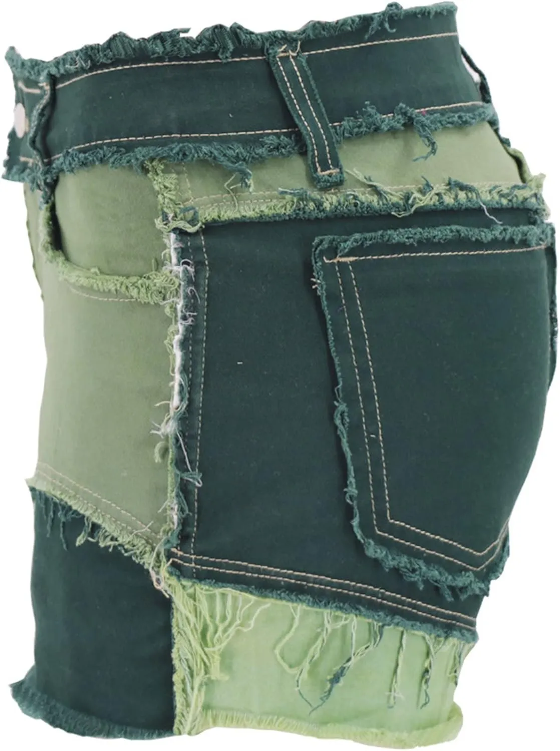 JEKE-DG Womens Mid Rise Stretchy Patchwork Jeans Color Block Leg Raw Hem Denim Shorts Raw Frayed Casual Denim Shorts