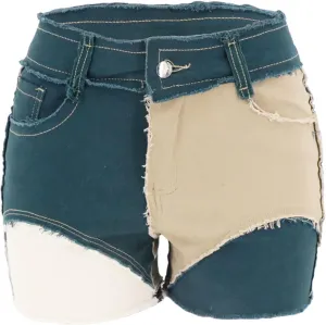 JEKE-DG Womens Mid Rise Stretchy Patchwork Jeans Color Block Leg Raw Hem Denim Shorts Raw Frayed Casual Denim Shorts