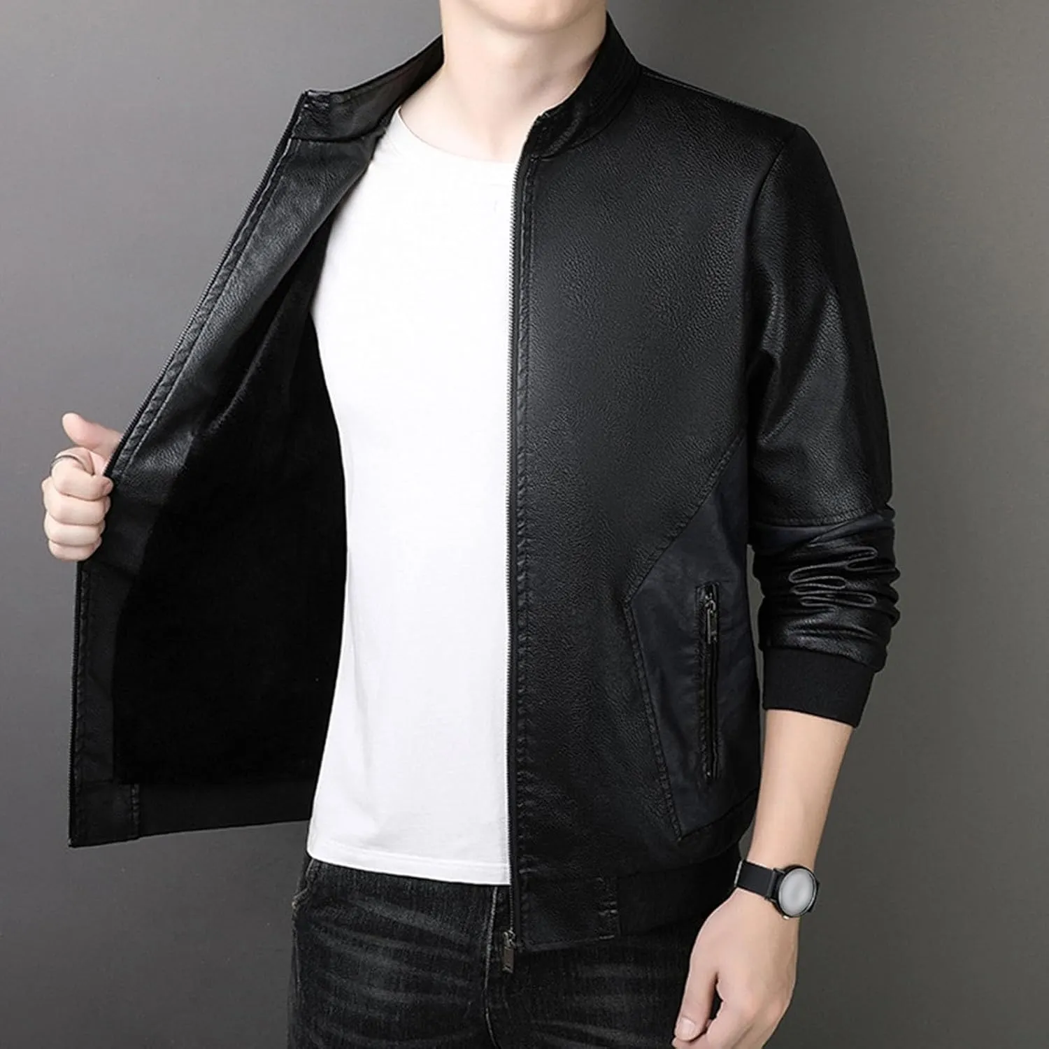 JEsilunmaMY Men's Casual Bomber Leather Jacket Full Zip Stand Collar Moto Biker Coat Fall Winter Wash Motorcycle Jackets