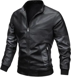 JEsilunmaMY Men's Casual Bomber Leather Jacket Full Zip Stand Collar Moto Biker Coat Fall Winter Wash Motorcycle Jackets