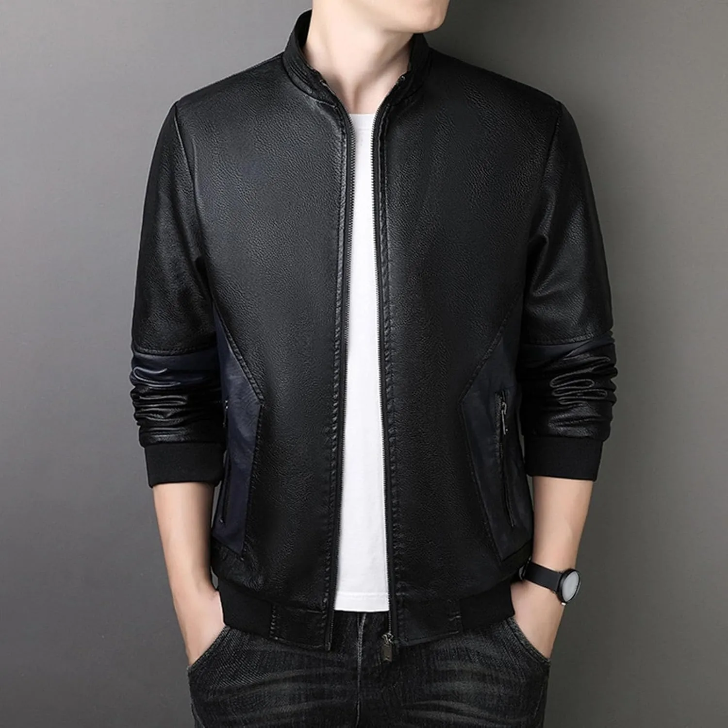 JEsilunmaMY Men's Casual Bomber Leather Jacket Full Zip Stand Collar Moto Biker Coat Fall Winter Wash Motorcycle Jackets