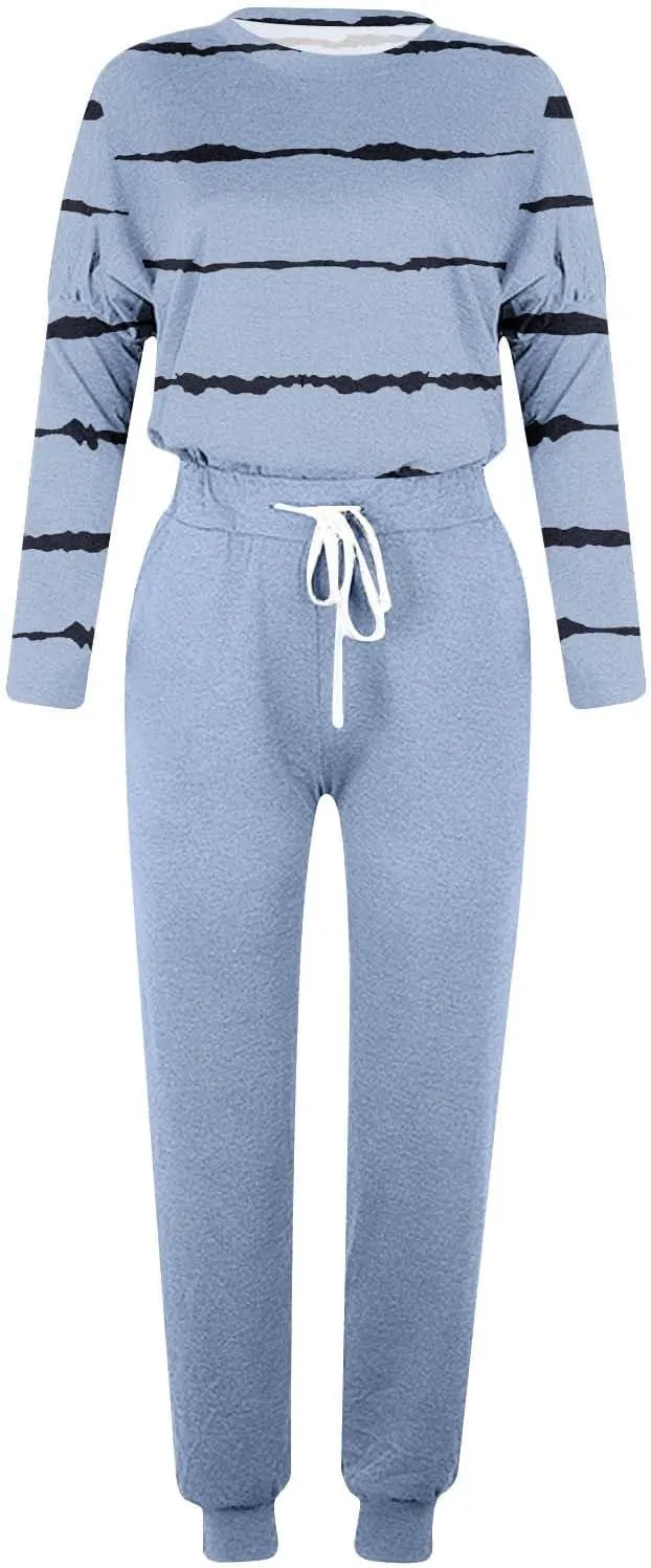 Jogging Suits for Women 2 Piece Set Casual Size Sweatsuits Trendy Stripe Print Tracksuit Soft Travel Loungewear Set
