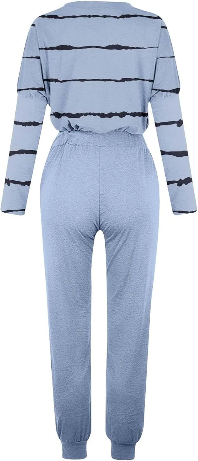 Jogging Suits for Women 2 Piece Set Casual Size Sweatsuits Trendy Stripe Print Tracksuit Soft Travel Loungewear Set