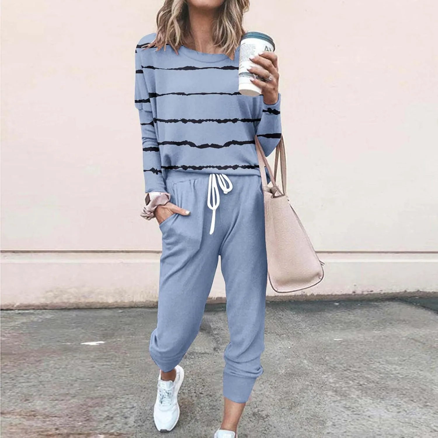Jogging Suits for Women 2 Piece Set Casual Size Sweatsuits Trendy Stripe Print Tracksuit Soft Travel Loungewear Set