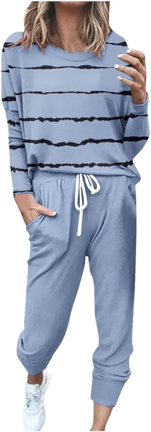 Jogging Suits for Women 2 Piece Set Casual Size Sweatsuits Trendy Stripe Print Tracksuit Soft Travel Loungewear Set