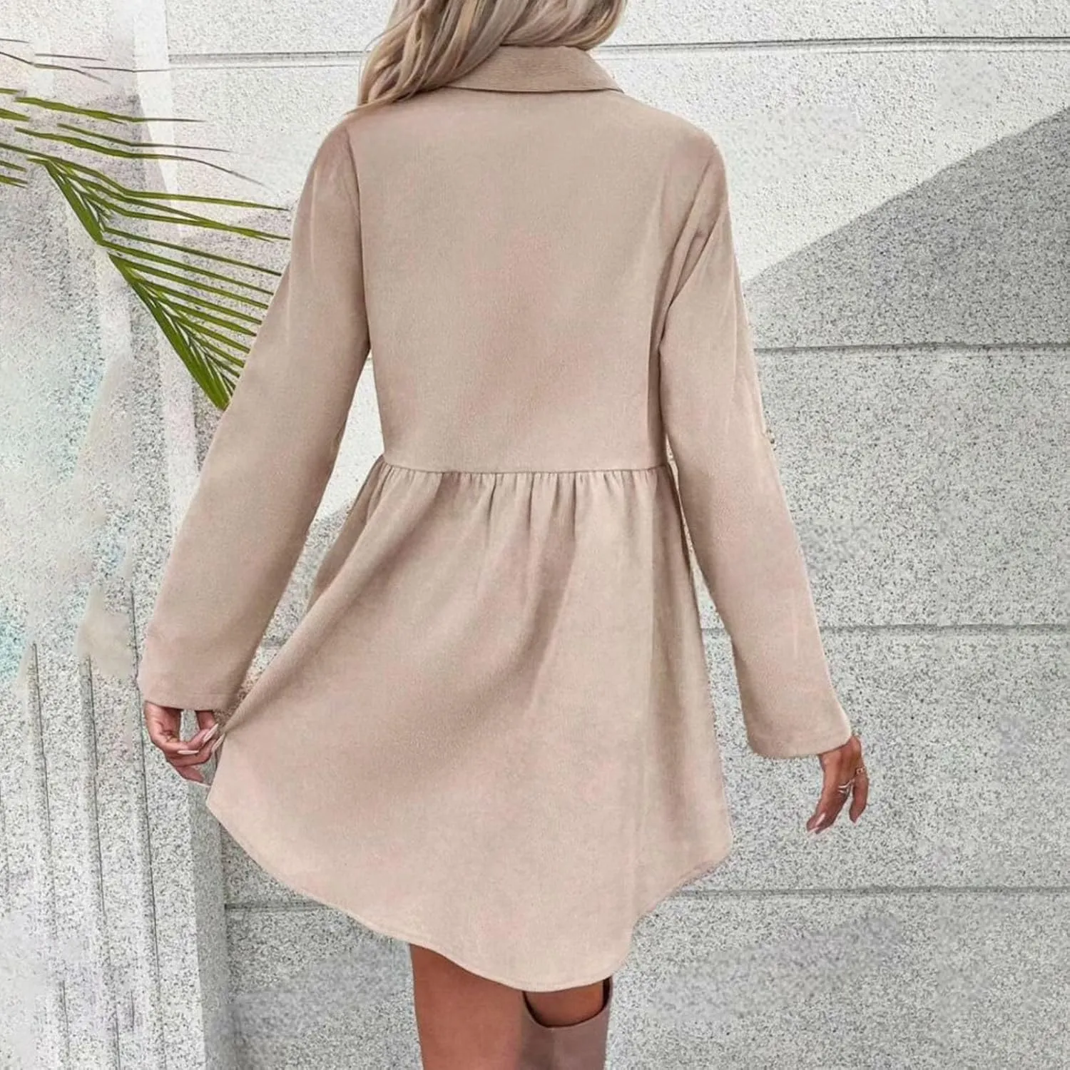 jsaierl Women Rolled Cuffed Long Sleeve Shirt Dress Button Down Shift Dress Pleated Midi Dress Loose Fit A Line Swing Dress