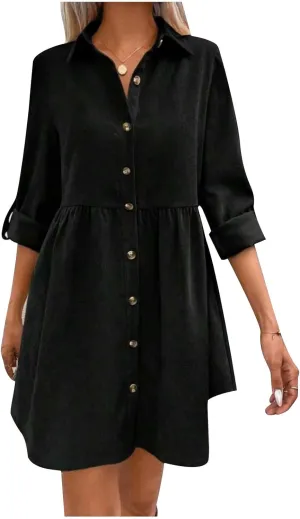 jsaierl Women Rolled Cuffed Long Sleeve Shirt Dress Button Down Shift Dress Pleated Midi Dress Loose Fit A Line Swing Dress