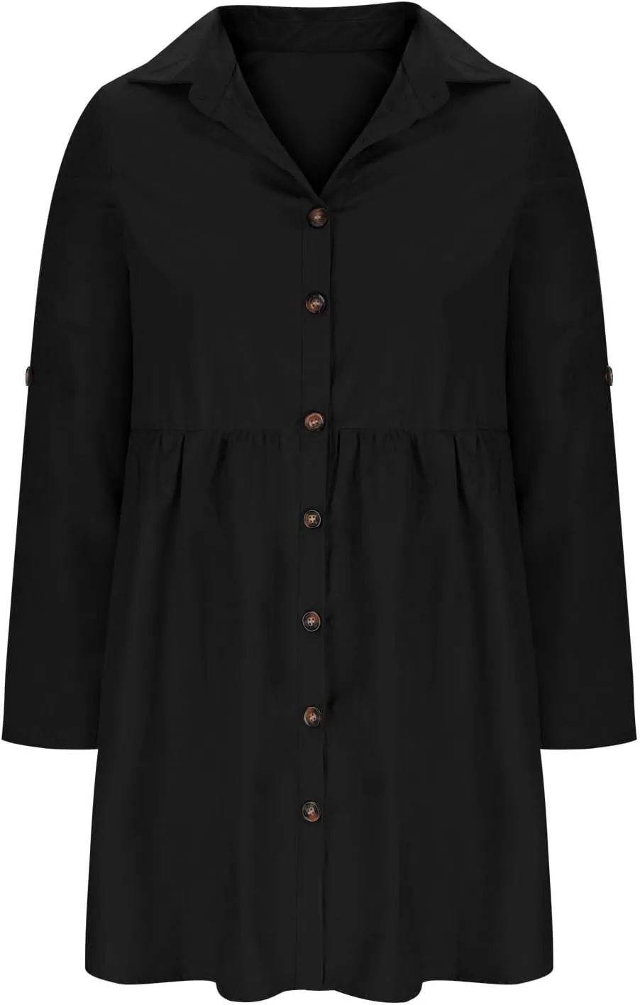 jsaierl Women Rolled Cuffed Long Sleeve Shirt Dress Button Down Shift Dress Pleated Midi Dress Loose Fit A Line Swing Dress