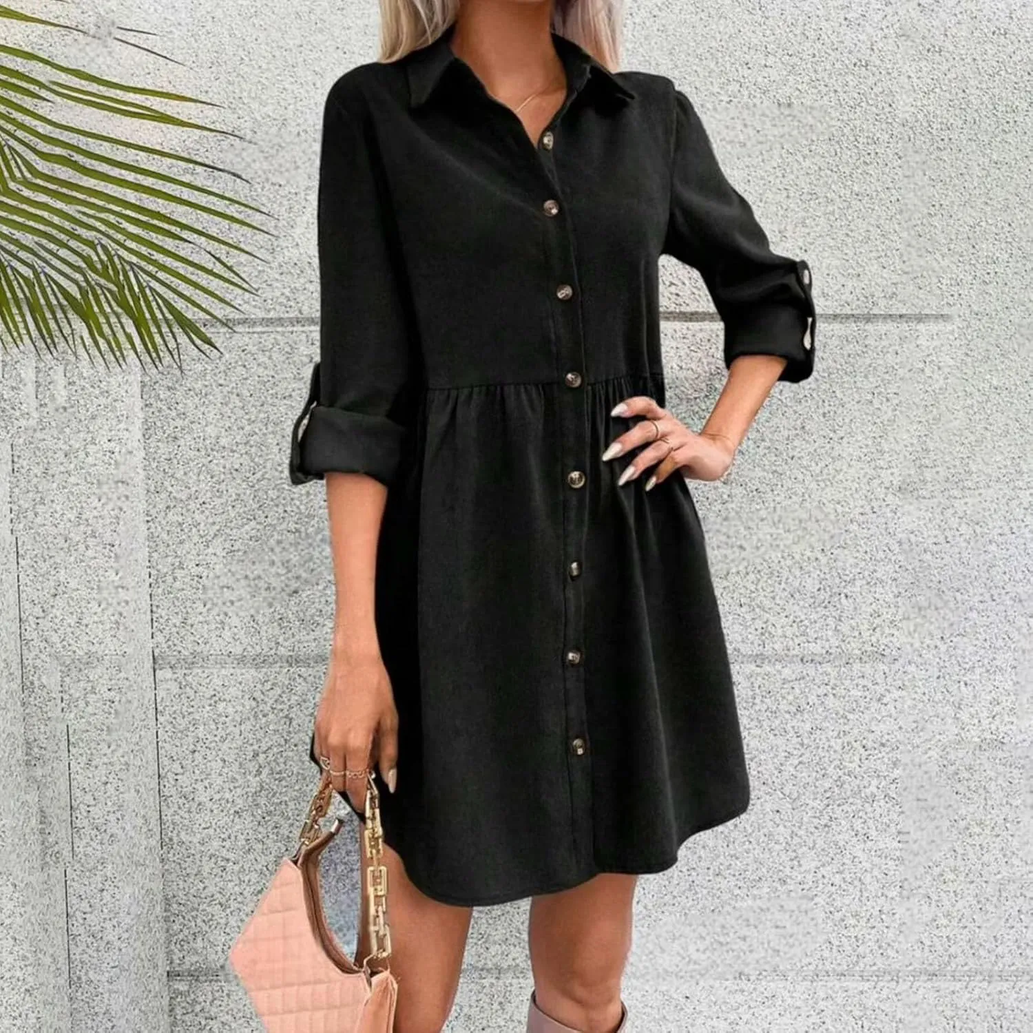 jsaierl Women Rolled Cuffed Long Sleeve Shirt Dress Button Down Shift Dress Pleated Midi Dress Loose Fit A Line Swing Dress