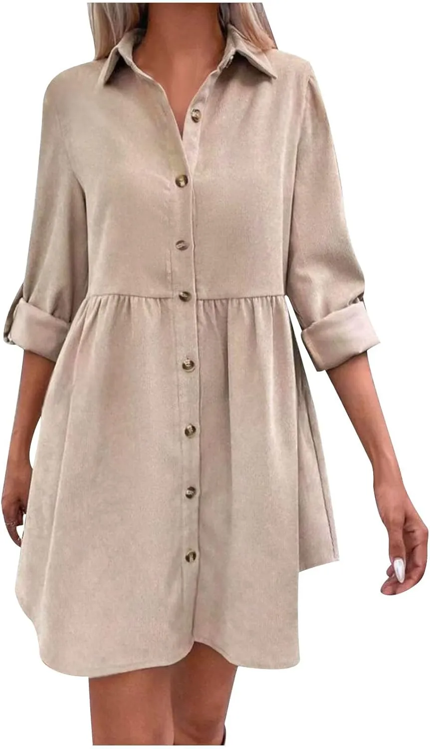 jsaierl Women Rolled Cuffed Long Sleeve Shirt Dress Button Down Shift Dress Pleated Midi Dress Loose Fit A Line Swing Dress